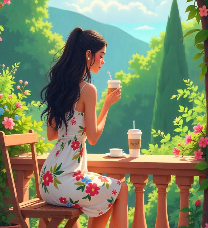 Femme buvant un café devant son terrain entretenu par la société d’espaces verts Merci Débarras