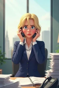 Femme devant gérer de nombreux sujets en plus du débarras de la société en liquidation judiciaire.