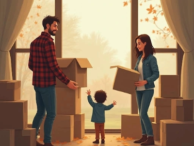 Famille organisant leurs cartons lors de leur débarras avant déménagement